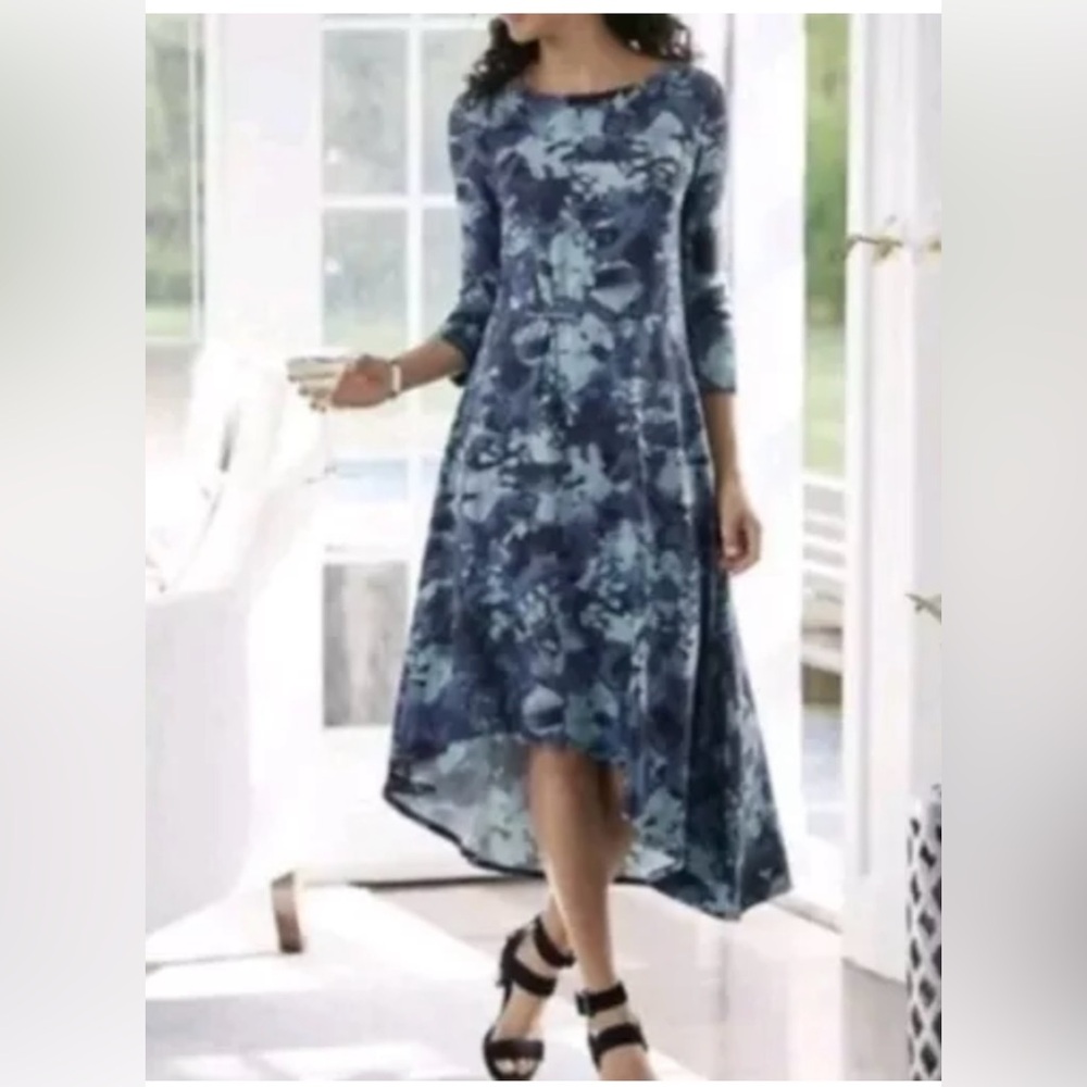 Soft Surroundings Midi Floral Dress Women's Size Medium Blue Asymmetric Office